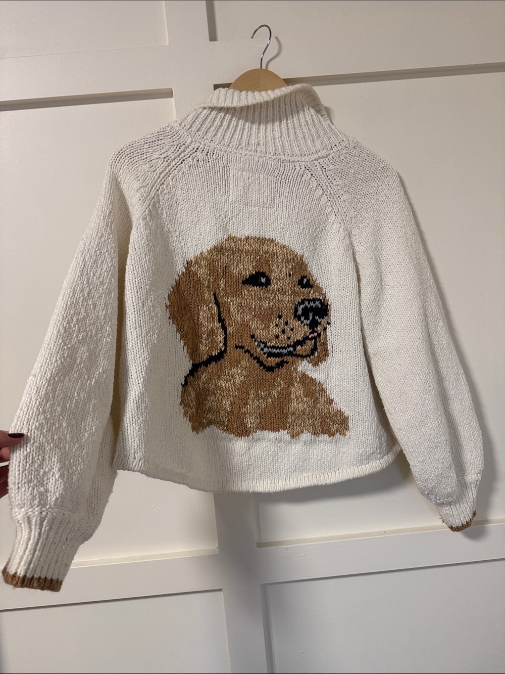 Anthropologie Cream Turtleneck Sweater with Brown Retriever Graphic